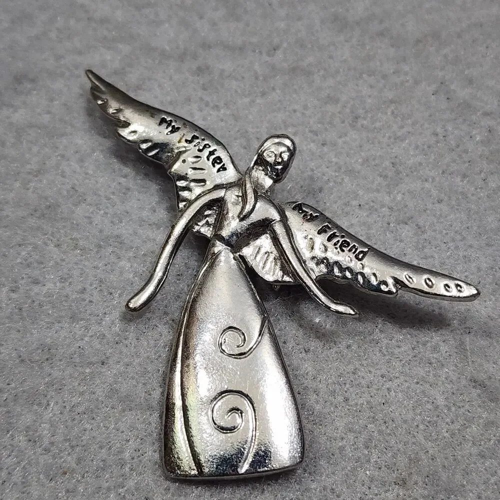 'My Sister My Friend' Inscription Angle In Flight Brooch Pin Vintage Silver Tone